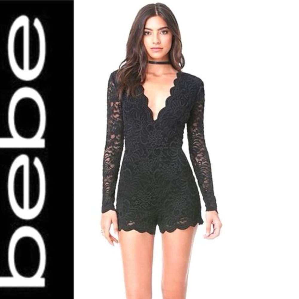 Bebe Black Lace Romper with Scalloped Hem